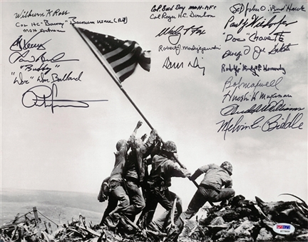 Congressional Medal of Honor Recipients Multi Signed Raising the Flag on Iwo Jima 11x14 Photo With 20 Signatures (PSA/DNA)